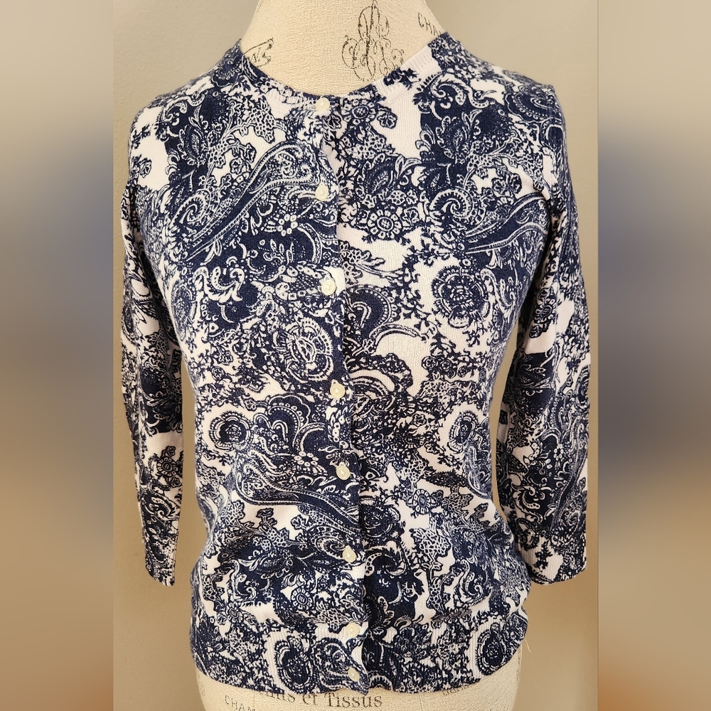 JOE FRESH Paisley blue & white cardigan with 3/4 sleeves S
